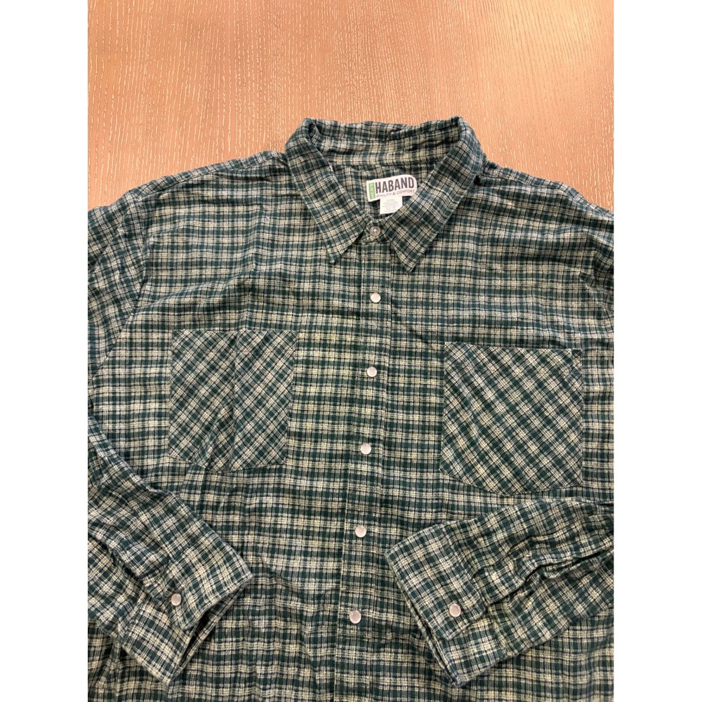 Haband Mens Green Plaid Flannel Shirt Long Sleeve Button Down 3X Pearl Snap